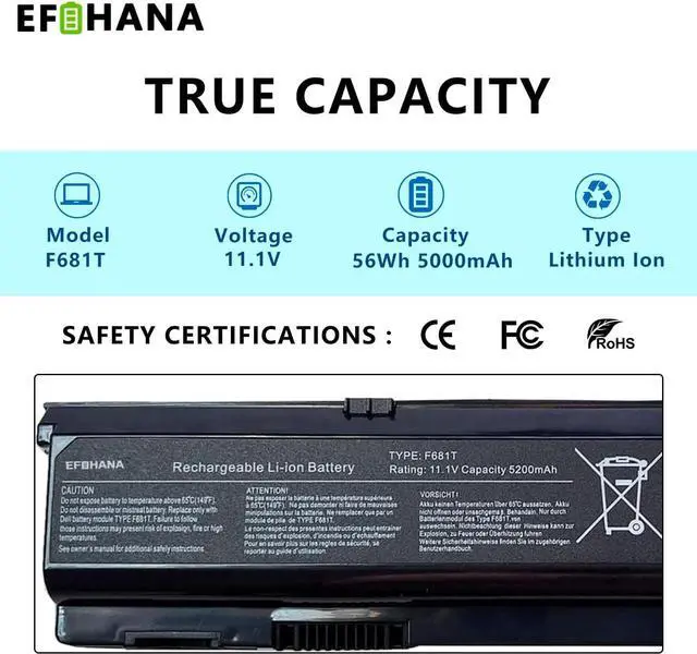 Alt view image 2 of 6 - F681T Laptop Battery Replacement for Dell Alienware M15X M15x R1 P08G Notebook SQU-724 D951T SQU-722 T779R T780R HC26Y NGPHW W3VX3 11.1V 56Wh/5000mAh 6-Cell