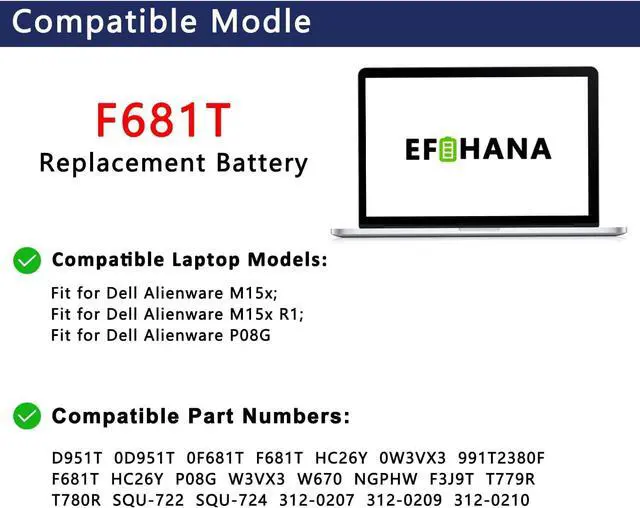 Alt view image 3 of 6 - F681T Laptop Battery Replacement for Dell Alienware M15X M15x R1 P08G Notebook SQU-724 D951T SQU-722 T779R T780R HC26Y NGPHW W3VX3 11.1V 56Wh/5000mAh 6-Cell