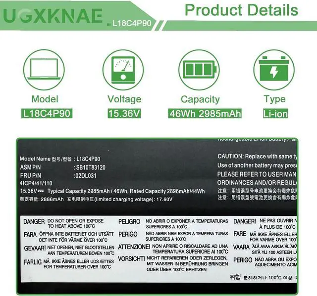 Alt view image 2 of 7 - L18M4P90 L18C4P90 L18D4P90 Laptop Battery Replacement for Lenovo ThinkPad L13 Yoga 1st Gen/Yoga 2nd Gen/Yoga 20R5 20R6 Series 02DL030 02DL031 02DL032 SB10T83119 SB10T83120 SB10T83121 15.36V 46Wh