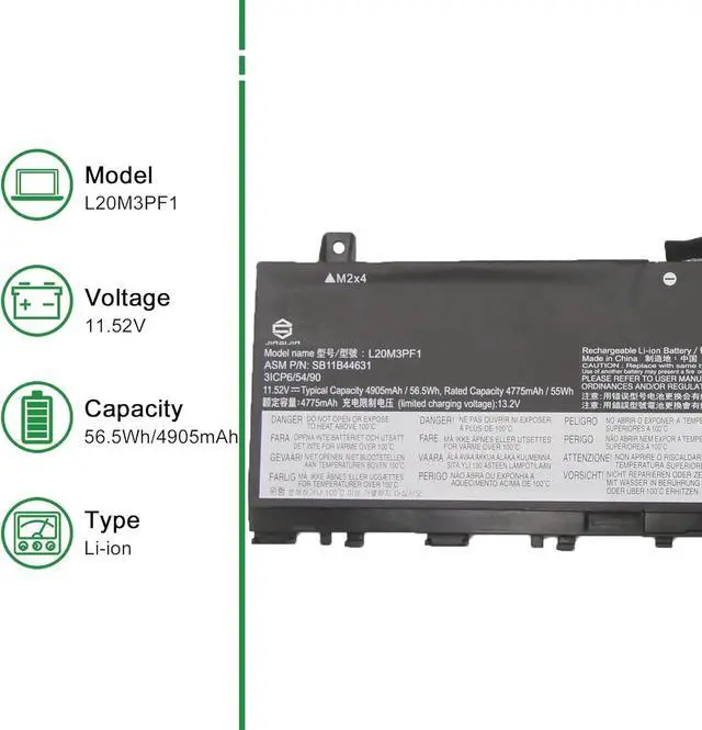 Alt view image 2 of 5 - L20M3PF1 SB11B44631 5B11B44633 Laptop Battery Replacement for Lenovo IdeaPad 5 Pro 14ARH7 14IAP7 14ACN6 Series L20D3PF0 SB11B44634 5B11B44625 L20C3PF1 SB11B44632 5B11B44626 11.52V 56.5Wh