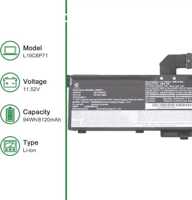 Alt view image 2 of 5 - L19C6P71 Laptop Battery Replacement for Lenovo ThinkPad P15 P17 T15G Series Notebook SB10T83202 5B10W13959 L19L6P71 SB10T83201 5B10W13958 Black 11.52V 94Wh 8120mAh