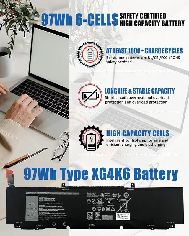Alt view image 2 of 7 - XG4K6 Battery Replacement for Dell XPS 17 9700 9710 9720 9730 Precision 5750 5760 5770 Series P92F P92F001 P92F002 P92F003 01RR3 001RR3 F8CPG 0F8CPG0YY3V 11.4V 97Wh 6-Cell