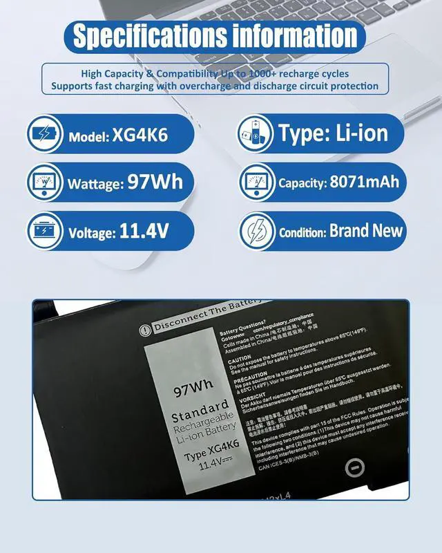 Alt view image 4 of 7 - XG4K6 Battery Replacement for Dell XPS 17 9700 9710 9720 9730 Precision 5750 5760 5770 Series P92F P92F001 P92F002 P92F003 01RR3 001RR3 F8CPG 0F8CPG0YY3V 11.4V 97Wh 6-Cell