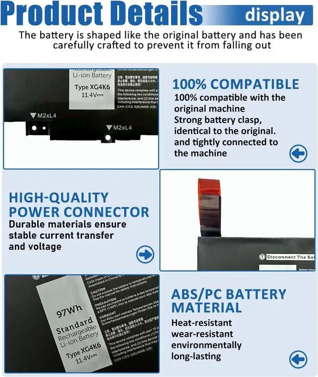 Alt view image 5 of 7 - XG4K6 Battery Replacement for Dell XPS 17 9700 9710 9720 9730 Precision 5750 5760 5770 Series P92F P92F001 P92F002 P92F003 01RR3 001RR3 F8CPG 0F8CPG0YY3V 11.4V 97Wh 6-Cell