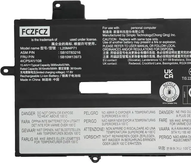 Alt view image 2 of 5 - L20M4P71 Battery 57Wh Replacement for Lenovo ThinkPad X1 Carbon 9th 10th 11th Gen / X1 Yoga 6th 7th 8th Gen Series SB10T83216 5B10W13973 SB11M89857 5B11M90056 L20L4P71 L20C4P71 L20D4P71 15.44V