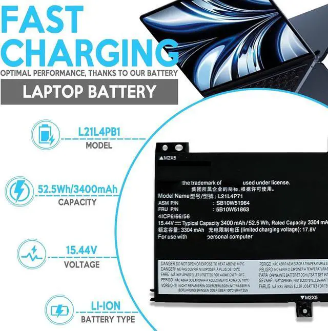 Alt view image 2 of 7 - L21L4P71 Laptop Battery Replacement for Lenovo ThinkPad T14 Gen 3 / P14S Gen 3 Gen 4 Series SB10W51964 L21M4P72 SB10W51966 L21D4P71 L21C4P71 L21M4P71 15.44V 3400mAh/52.5Wh 4-Cell