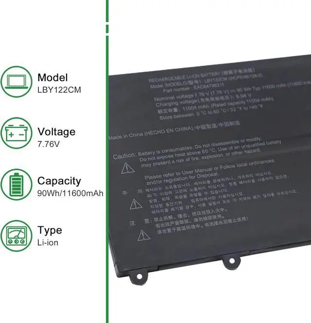 Alt view image 2 of 6 - LBY122CM Laptop Battery Replacement for LG Gram 16Z90R Series Notebook EAC64798311 Black 7.76V 90Wh 11600mAh