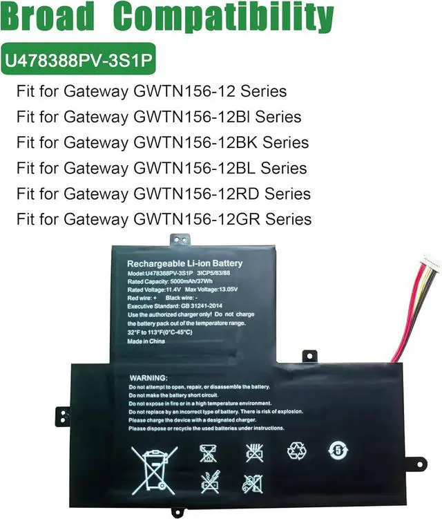 Alt view image 5 of 6 - U478388PV-3S1P Laptop Battery Replacement for Gateway GWTN156-12 GWTN156-12BI GWTN156-12BK GWTN156-12BL GWTN156-12RD GWTN156-12GR Series Notebook 478388PV-3S1P Black 11.4V 37Wh 5000mAh