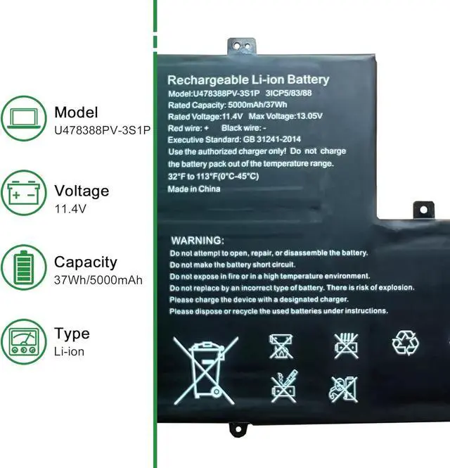 Alt view image 2 of 6 - U478388PV-3S1P Laptop Battery Replacement for Gateway GWTN156-12 GWTN156-12BI GWTN156-12BK GWTN156-12BL GWTN156-12RD GWTN156-12GR Series Notebook 478388PV-3S1P Black 11.4V 37Wh 5000mAh