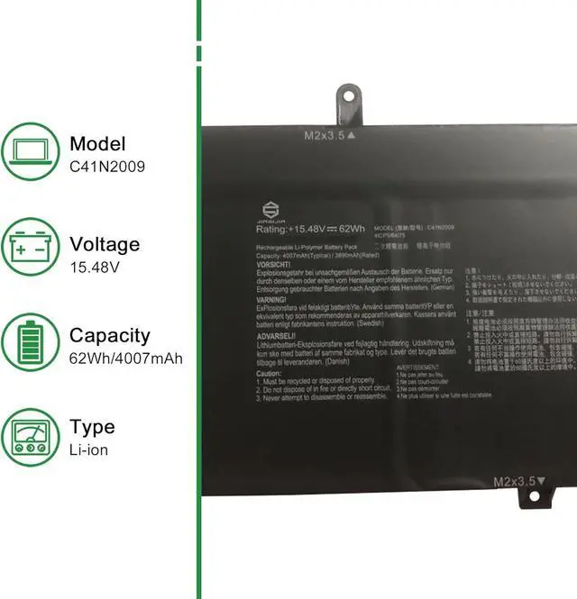 Alt view image 2 of 5 - C41N2009 Laptop Battery Replacement for Asus Rog Flow X13 GV301 GV301QC GV301QE GV301QH GV301RA GV301RC GV301RE PV301 PV301QH Series Notebook Black 15.48V 62Wh 4007mAh