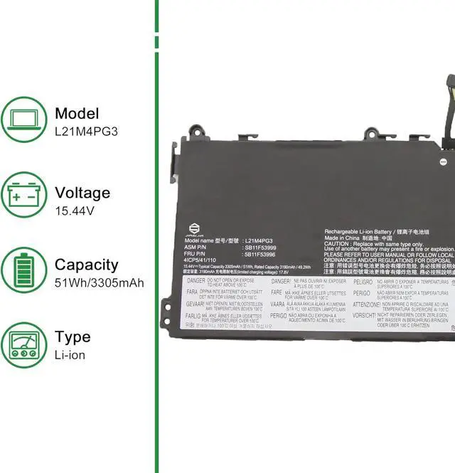 Alt view image 2 of 5 - L21M4PG3 Laptop Battery Replacement for Lenovo 13W Yoga Gen 1 Gen 2 Series Notebook SB11F53999 5B11F53996 L21D4PG3 SB11F54002 5B11F54001 Black 15.44V 51Wh 3305mAh