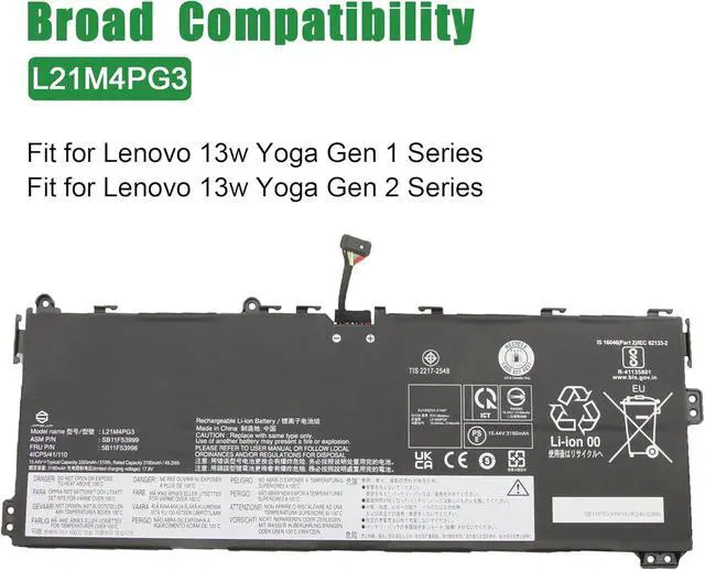 Alt view image 4 of 5 - L21M4PG3 Laptop Battery Replacement for Lenovo 13W Yoga Gen 1 Gen 2 Series Notebook SB11F53999 5B11F53996 L21D4PG3 SB11F54002 5B11F54001 Black 15.44V 51Wh 3305mAh