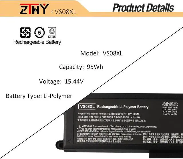 Alt view image 3 of 7 - VS08XL M86087-005 Laptop Battery Replacement for HP ZBook Fury 16 G9 / ZBook Fury 16 G10 / ZBook Fury 16 G11 Mobile Workstation Series TPN-IB0N TPN-DB1F M86087-001 M85951-171 M85951-271 15.44V 95Wh