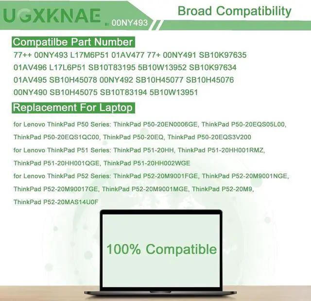 Alt view image 5 of 6 - 77+ 77++ 00NY493 00NY492 01AV477 Laptop Battery Replacement for Lenovo ThinkPad P50 P51 P52 Series 20HH001QGE 20M90017GE L17M6P51 L17L6P51 01AV496 01AV495 00NY490 00NY491 11.25V 90Wh