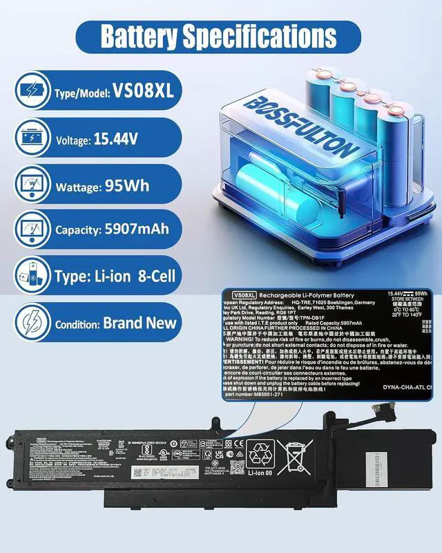 Alt view image 2 of 6 - VS08XL M86087-005 Battery Replacement for HP ZBook Fury 16 G9 ZBook Fury 16 G10 ZBook Fury 16 G11 Mobile Workstation 2080 Series Notebook