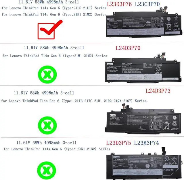 Alt view image 2 of 5 - L23D3P76 Battery 58Wh 4998mAh Replacement for Lenovo ThinkPad T14s Gen 5 / ThinkPad T14s Gen 6 Series Laptop SB11H56306 5B11H56405 5B11H56406 5B11H56407 5B11H56408 11.61V 3-Cell