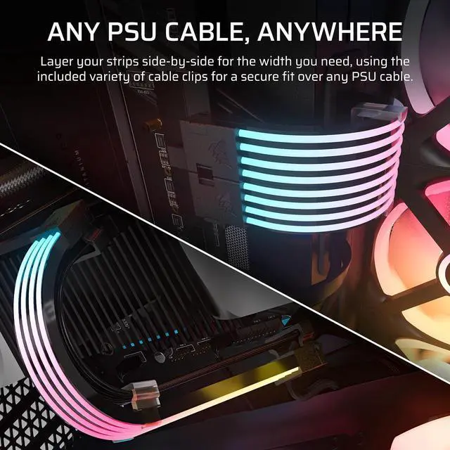 Alt view image 4 of 6 - CORSAIR iCUE ARGB PSU Cable Strips 2X 200mm LED Strips 100 RGB LEDs Per Strip Fits Any PSU Cable Motherboard 5V ARGB Control Black