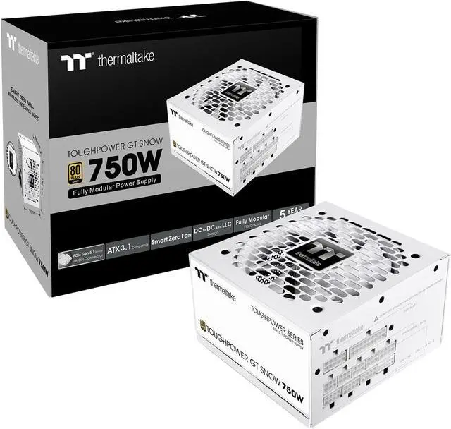 Main image of Thermaltake Toughpower GT 750W Snow ATX 3.1 Power Supply; 80 Plus Gold Efficiency; Smart Zero Fan; Native 600W PCIe 5.1 Connector; PS-TPT-0750FNFAGU-W; 5 Year Warranty