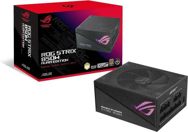 Main image of ASUS ROG Strix 850W Gold Aura Edition (Fully Modular Power Supply, 80+ Gold Certified, ATX 3.0 Compatible, PCIe Gen 5.0 Ready, Dual Ball Bearing, Axial-tech Fan, Aura Sync, 10 Year Warranty)