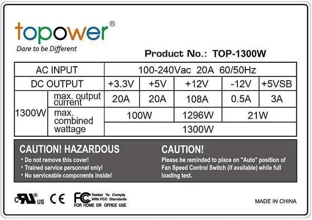 Alt view image 4 of 4 - TOPOWER TOP-1300W EPS12V/ATX12V HIGH Efficiency Power Supply, SLI/Crossfire Ready for Gaming Mining and Server, Active PFC, AC Input 100-240V