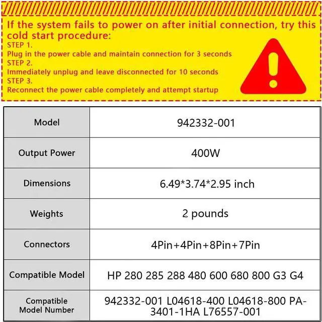 Alt view image 2 of 7 - 942332-001 400W Power Supply Compatible with HP 280 285 288 480 600 680 800 G3 G4 Power Supply L04618-400 L04618-800 942332-001 PA-3401-1HA PA-3401-2HA