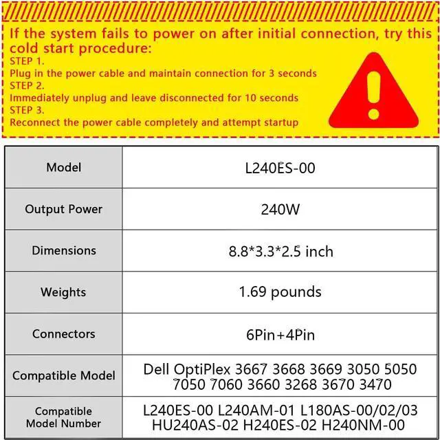 Alt view image 2 of 7 - H240ES-02 L240ES-00 240W Power Supply Compatible with Dell OptiPlex 3050 5050 7050 Mini Tower H240AS-02 HU240AS-00 HU240AS-02 H240NM-00 H240NM-02 P/N: DK87P DW3M7 J61WF HT04K F484X