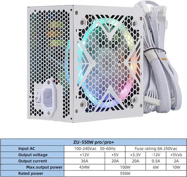 Alt view image 6 of 7 - 550W Computer Power Supply with Color Lights Visuals 12CM Quiet Fan PC Case Module Desktop Supply Unit