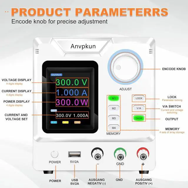 Alt view image 5 of 7 - 0-300V 0-1A Adjustable DC Regulated Switching Power Supply, Variable Laboratory Benchtop Power Supply with Adjustable Voltage and Current Output