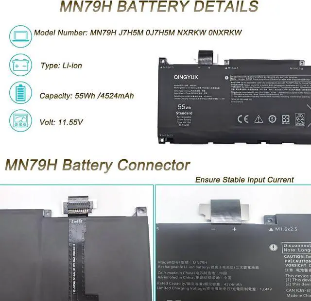 Alt view image 2 of 7 - New 11.55V 55Wh MN79H J7H5M 0J7H5M NXRKW 0NXRKW Laptop Battery Compatible with Dell XPS 13 Plus 9320 XPS 9320 Series Notebook