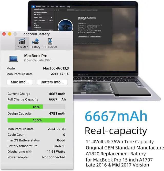 Alt view image 2 of 6 - A1707 Battery Replacement, A1820 Battery for MacBook Pro 15 inch 2016 2017 Touch Bar Version Model A1707 EMC 3162 3072 Identifier MacBookPro13,3 & MacBookPro14,3