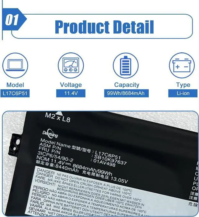 Alt view image 2 of 6 - Dentsing L17C6P51 (11.4V 99Wh/8684mAh) Laptop Battery Compatible with Lenovo Thinkpad P72 P73 Series Notebook 01AV498 SB10K97637 L17M6P52