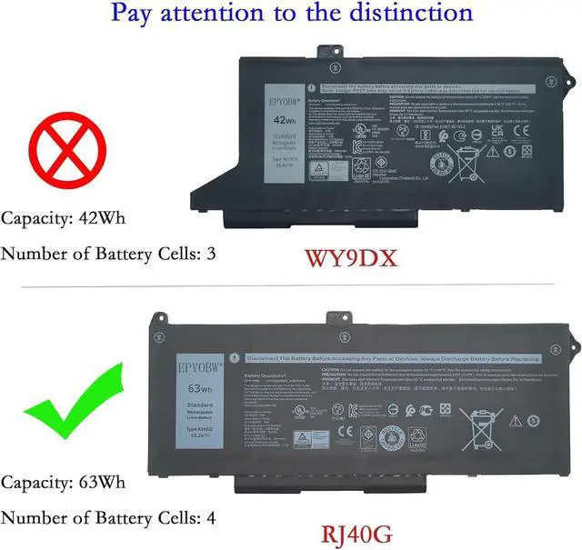 Alt view image 2 of 6 - RJ40G Laptop Battery 63Wh 15.2V Compatible with Dell Latitude 14 5420 / Latitude 15 5520 / Precision 15 3560 / P137G P137G001 P104F P104F001 Series 01K2CF 075X16 WY9DX 0WK3F1 0M3KCN 005R42