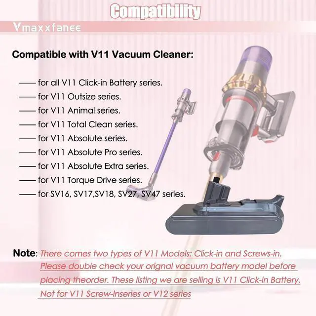 Alt view image 5 of 6 - Upgraded V11 V15 6000mAh Click in Battery Replacement for V11 Outsize V11 Animal V11 Total Clean V11 Absolute + Extra + Pro V11 Torque Drive V15 Detect SV16 SV27 970938-01 Not for Screw-in Type