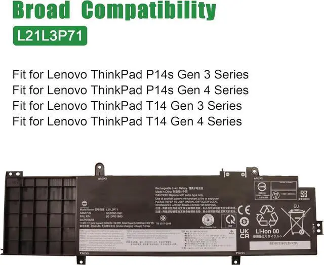 Alt view image 4 of 5 - L21L3P71 Laptop Battery Replacement for Lenovo ThinkPad T14 P14s Gen 3 Gen 4 Series SB10W51961 5B10W51860 SB11M89823 5B11M90022 L21C3P71 SB10W51963 5B10W51862 L21M3P71 11.58V 39.3Wh