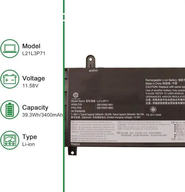 Alt view image 2 of 5 - L21L3P71 Laptop Battery Replacement for Lenovo ThinkPad T14 P14s Gen 3 Gen 4 Series SB10W51961 5B10W51860 SB11M89823 5B11M90022 L21C3P71 SB10W51963 5B10W51862 L21M3P71 11.58V 39.3Wh