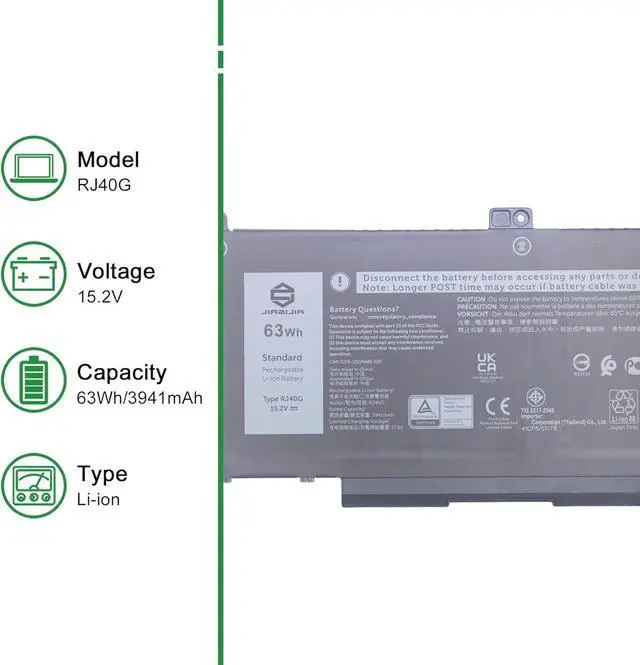Alt view image 2 of 6 - RJ40G Laptop Battery Replacement for Dell Latitude 5420 5520 Precision 3560 Series Notebook 01K2CF 075X16 WY9DX 0WK3F1 0M3KCN Black 15.2V 63Wh 3941mAh