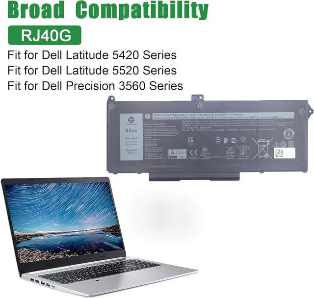 Alt view image 5 of 6 - RJ40G Laptop Battery Replacement for Dell Latitude 5420 5520 Precision 3560 Series Notebook 01K2CF 075X16 WY9DX 0WK3F1 0M3KCN Black 15.2V 63Wh 3941mAh