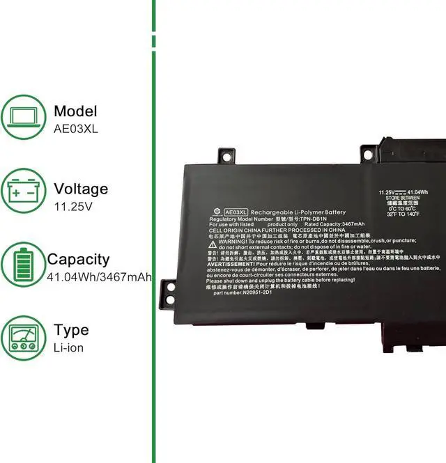 Alt view image 2 of 5 - AE03XL Laptop Battery Replacement for Hp 15.6 inch Laptop PC 15-FC0000 Series Notebook N21969-005 TPN-DB1N N20951-2D1 AE03041XL Black 11.25V 41.04Wh 3467mAh