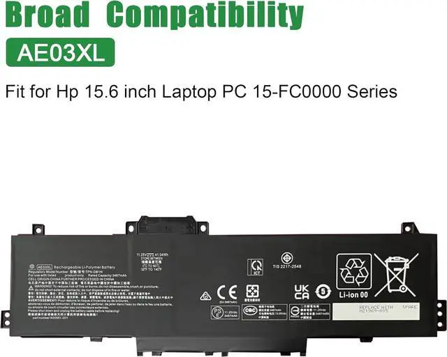 Alt view image 4 of 5 - AE03XL Laptop Battery Replacement for Hp 15.6 inch Laptop PC 15-FC0000 Series Notebook N21969-005 TPN-DB1N N20951-2D1 AE03041XL Black 11.25V 41.04Wh 3467mAh