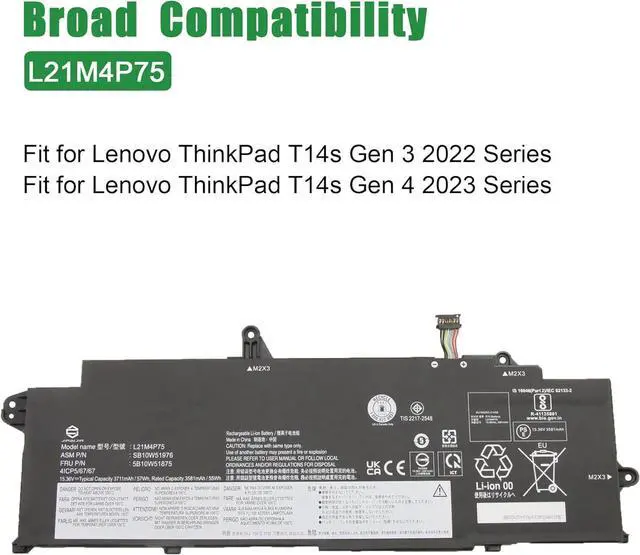 Alt view image 4 of 5 - L21M4P75 SB10W51976 5B10W51875 Laptop Battery Replacement for Lenovo ThinkPad T14s Gen 3 2022 Gen 4 2023 Series SB11M89832 5B11M90031 L21B4P71 SB10W51978 L21L4P73 L21D4P74 15.36V 57Wh