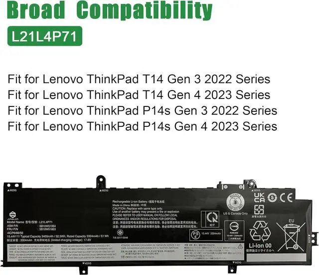Alt view image 5 of 6 - L21L4P71 Laptop Battery Replacement for Lenovo ThinkPad T14 P14s Gen 3 2022 Gen 4 2023 Series SB10W51964 5B10W51863 L21M4P72 SB10W51966 5B10W51865 L21D4P71 L21C4P71 L21M4P71 15.44V 52.5Wh