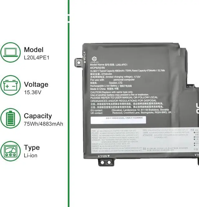 Alt view image 2 of 5 - L20L4PE1 Laptop Battery Replacement for Lenovo IdeaPad 5 Pro-16ACH6 Pro-16IHU6 Creator 5-16ACH6 Series SB11B66556 5B11B66554 SB11N52017 5B11N52019 L20M4PE1 SB11B66551 L20C4PE1 15.36V 75Wh