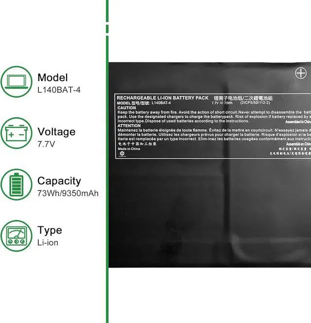 Alt view image 2 of 6 - L140BAT-4 Laptop Battery Replacement for Clevo L140CU L141CU L140MU L141MU Series Notebook Black 7.7V 73Wh 9350mAh