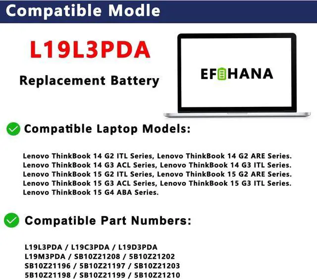 Alt view image 4 of 7 - L19L3PDA L19C3PDA L19M3PDA Laptop Battery Replacement for Lenovo ThinkBook 14 G2 ITL /14 G4 ABA /14 G2 ARE/15 G3 ACL/15 G3 ITL/15 G4 ABA Series L19D3PDA 31CP7/59/67 31CP7/58/66 11.55V 45Wh