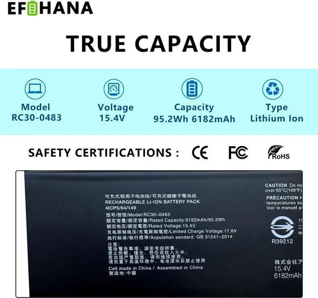 Alt view image 2 of 6 - RC30-0483 Laptop Battery Replacement for Razer Blade 16" (2023) RZ09-0483x Blade 16" (2024) RZ09-0510x RZ09-0510SEN3-R3E1 RZ09-0510SWN3-R3W1 Series RZ09-0510 4ICP5/51/149 15.4V 95.2Wh 6182mAh