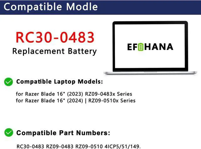 Alt view image 3 of 6 - RC30-0483 Laptop Battery Replacement for Razer Blade 16" (2023) RZ09-0483x Blade 16" (2024) RZ09-0510x RZ09-0510SEN3-R3E1 RZ09-0510SWN3-R3W1 Series RZ09-0510 4ICP5/51/149 15.4V 95.2Wh 6182mAh