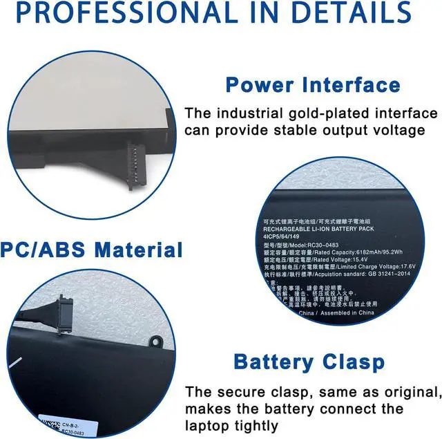 Alt view image 5 of 6 - RC30-0483 Laptop Battery Replacement for Razer Blade 16" (2023) RZ09-0483x Blade 16" (2024) RZ09-0510x RZ09-0510SEN3-R3E1 RZ09-0510SWN3-R3W1 Series RZ09-0510 4ICP5/51/149 15.4V 95.2Wh 6182mAh