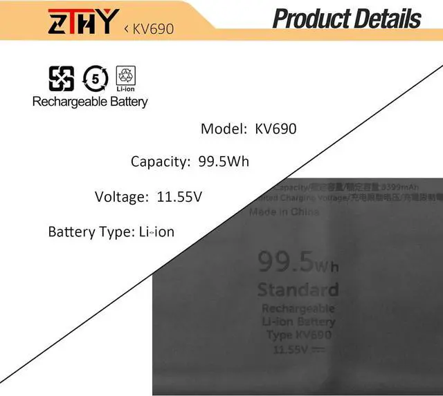 Alt view image 3 of 7 - ZTHY 99.5Wh KV690 Laptop Battery Replacement for Dell Precision 5680 Precision 5690 Series 6D2HW 06D2HW N7KV9 0N7KV9 WPYCV 0WPYCV 11.55V 6-Cell