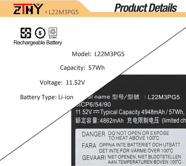Alt view image 3 of 7 - L22M3PG5 Laptop Battery Replacement for Lenovo ThinkPad E14 Gen 5 2023 Gen 6 2024 E16 Gen 1 2023 Gen 2 2024 Series L22B3PG5 L22D3PG5 L22L3PG5 SB11K63027 SB11K63030 5B11K63029 5B11K63032 11.52V 57Wh