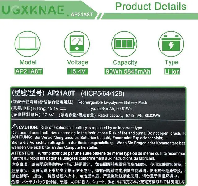 Alt view image 2 of 7 - AP21A8T AP21A7T Laptop Battery Replacement for Acer Nitro 5 AN517-55 Helios 300 PH317-56 PH315-54-55 PH315-55-75K6 PH315-55-78LF Series Notebook AP21A5T KT0040G014 15.4V 90Wh 5845mAh